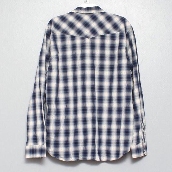 Lucky Brand classic fit Pearl snap blue white plaid cotton button up - Picture 2 of 6